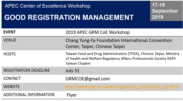 Good Registration Management CoE Workshop by Taiwan FDA (TFDA), Chinese Taipei